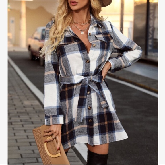 Cozy Button Up Plaid Belted Shirt Dress - Picture 4 of 6